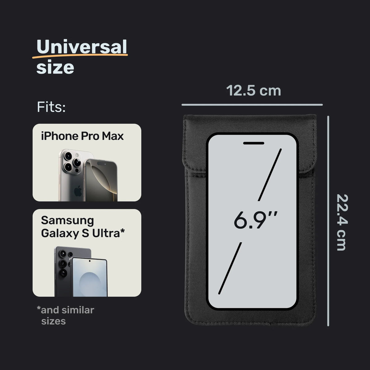 Faraday Sleeve Prime fits iPhone Pro Max and Samsung Galaxy S Ultra, up to 6.9 inches