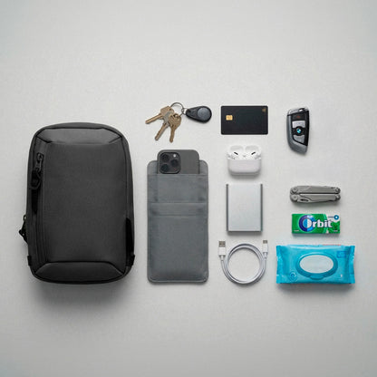 Sling Bag with Faraday Sleeve next to everyday carry items