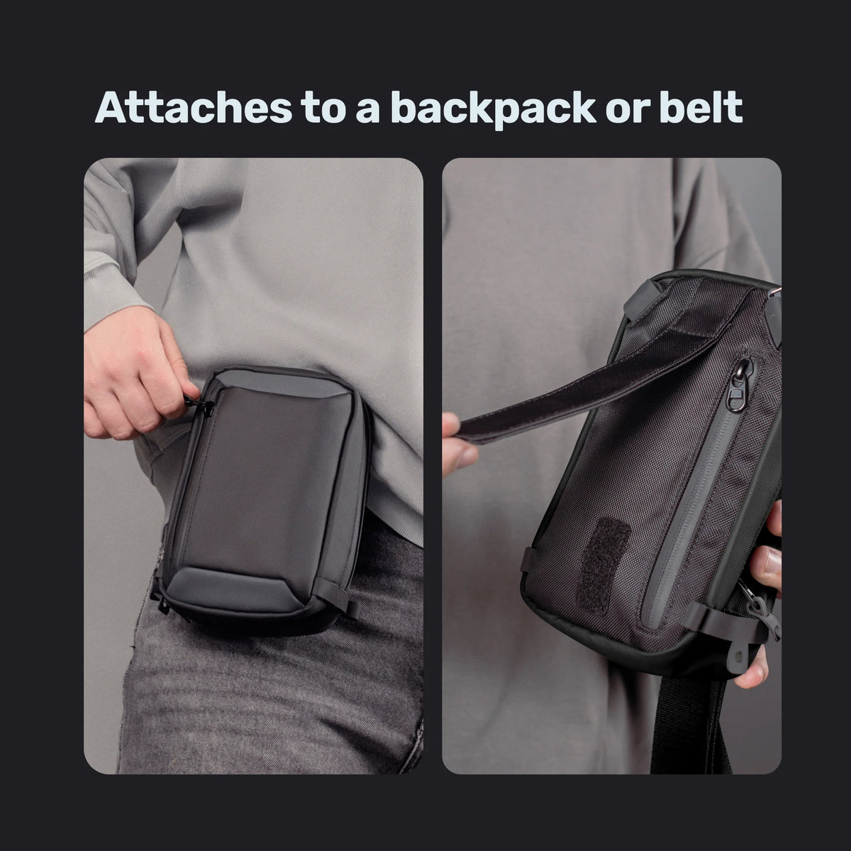 Sling bag attached to a belt and to a backpack strap