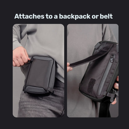 Sling bag attached to a belt and to a backpack strap
