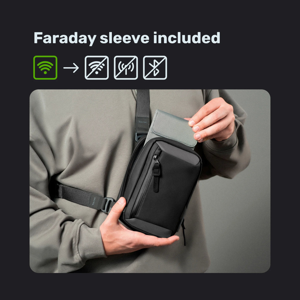 Sling Bag with Faraday Sleeve: Faraday sleeve included, blocks Wi-Fi, cellular and Bluetooth