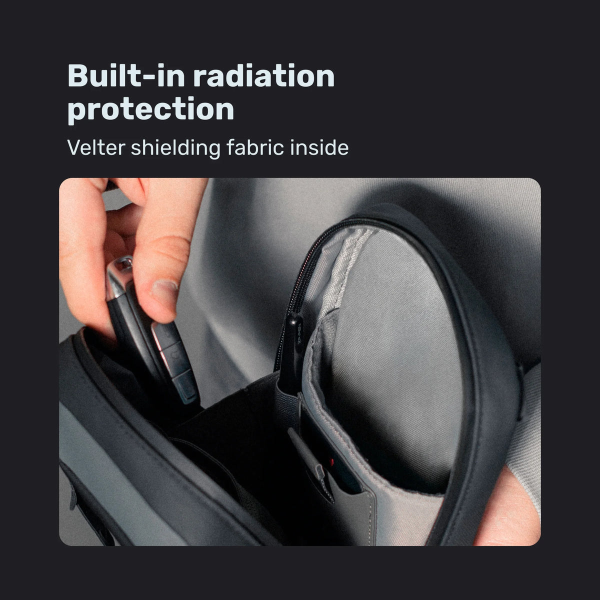 Sling bag pocket with Velter shielding fabric inside