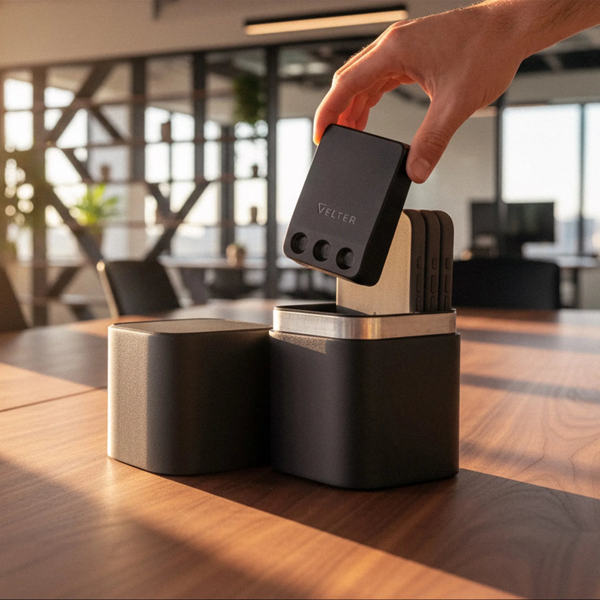 Meeting Privacy: jammer placed into the Faraday Capsule on a meeting table
