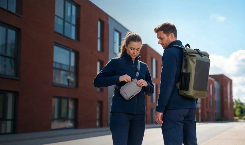 Two people with Velter Faraday bags and a backpack in the city