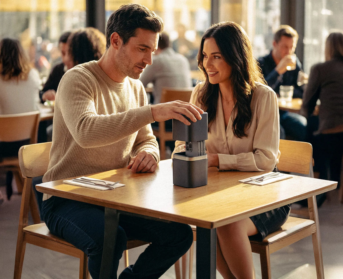 Couple at a restaurant table putting their smartphones into the Velter Faraday capsule