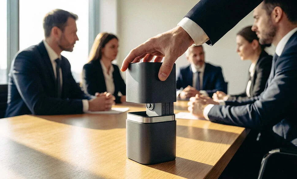 Colleagues at a meeting table putting their smartphones into the Velter Faraday capsule