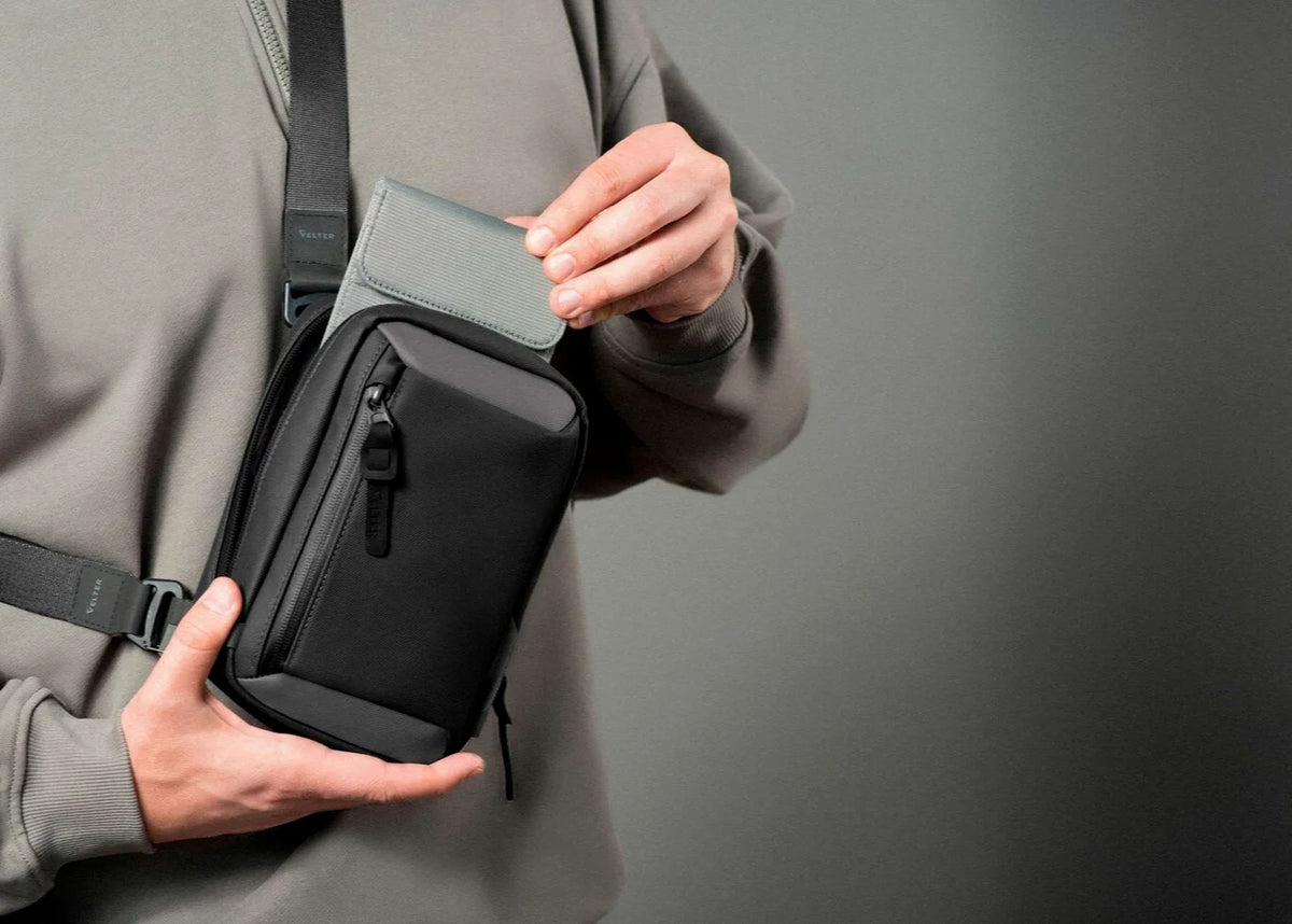 Faraday sleeve sliding into the Velter sling bag