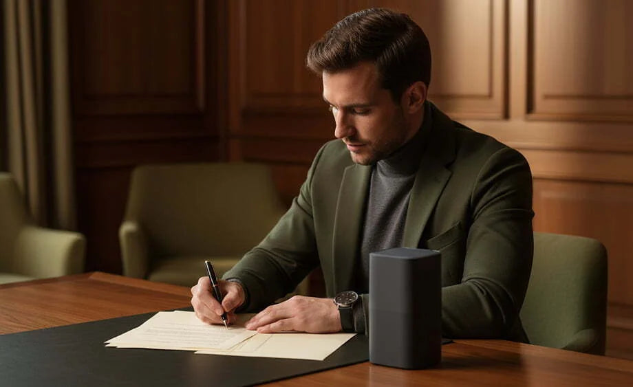 Man working at his desk with smartphones locked away in the Velter Faraday capsule